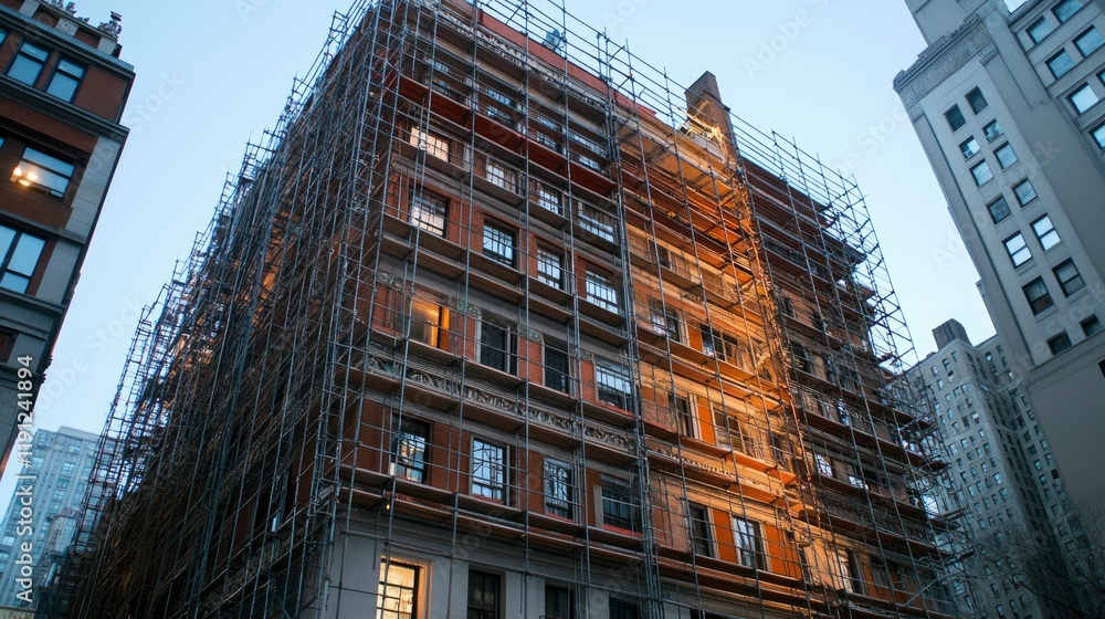 Fototapeta premium Urban Building Undergoing Extensive Renovation and Repair