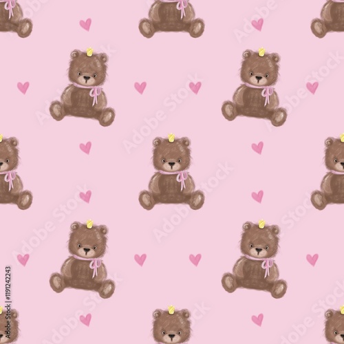 Seamless pattern with teddy bears ,baby girl newborn background. 
