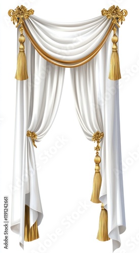 Elegant white drapes with gold accents, isolated, design element