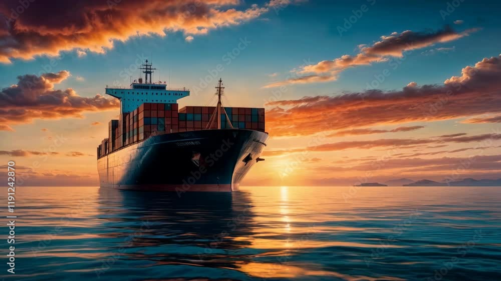 A large ship is sailing in the ocean with a beautiful sunset in the background A large ship is sailing in the ocean with a beautiful sunset in the background