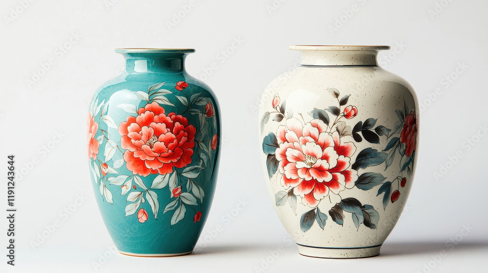 Two elegant ceramic vases with vibrant floral patterns on neutral background Two elegant ceramic vases with vibrant floral patterns on neutral background