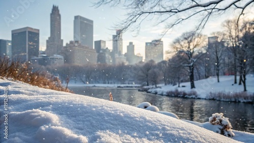 Winter Wonderland in the City: A serene winter scene unfolds in Central Park, where snow-covered paths and a frozen lake contrast beautifully with the towering skyscrapers in the background.