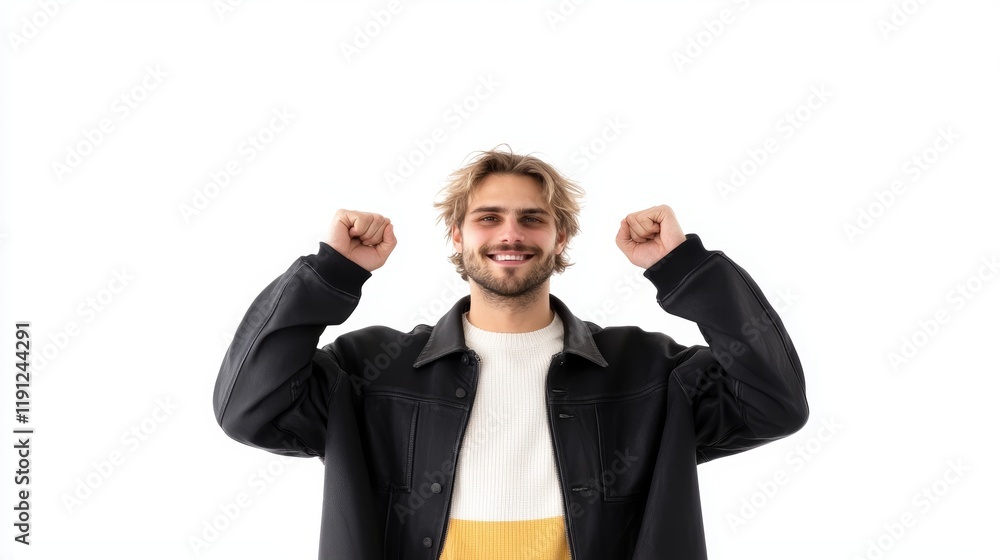 Cheerful Young Man Posing Casually with Excited Expression in Studio Cheerful Young Man Posing Casually with Excited Expression in Studio