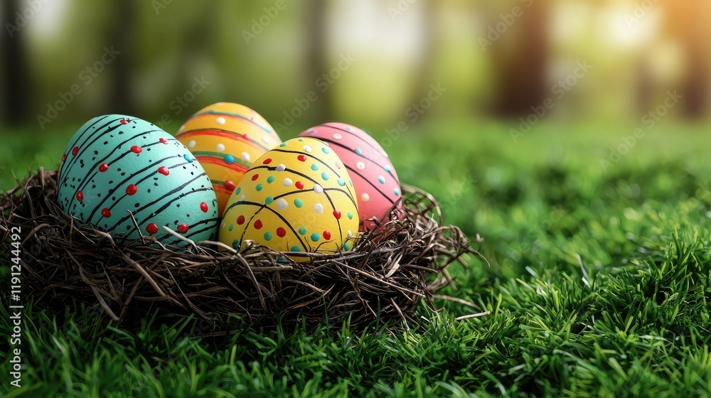 Fototapeta premium Decorated Easter eggs nestled in a grass nest