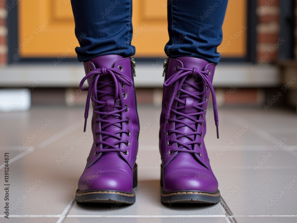 Stylish Purple Lace Up Boots Worn by Woman Close Up View Stylish Purple Lace Up Boots Worn by Woman Close Up View