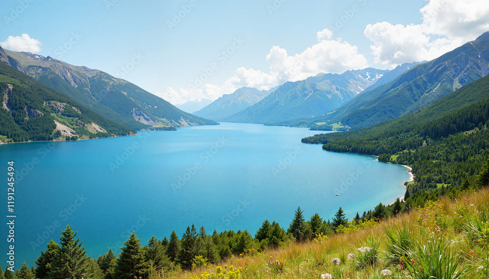 Breathtaking mountain lake scenery under clear blue sky, nature's beauty Breathtaking mountain lake scenery under clear blue sky, nature's beauty