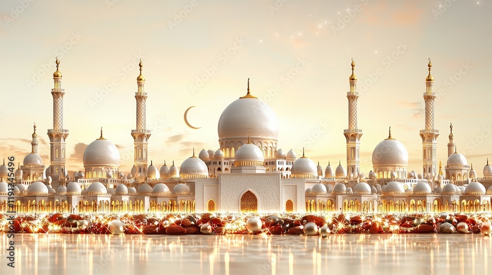 Naklejka premium Glowing Mosque Scene for Ramadan Celebration with Crescent Moon