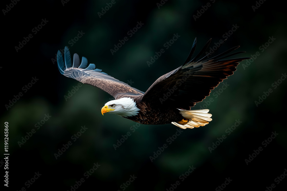 Fototapeta premium Bald eagle soaring gracefully in a clear blue sky during the warm hours of midday over a serene landscape