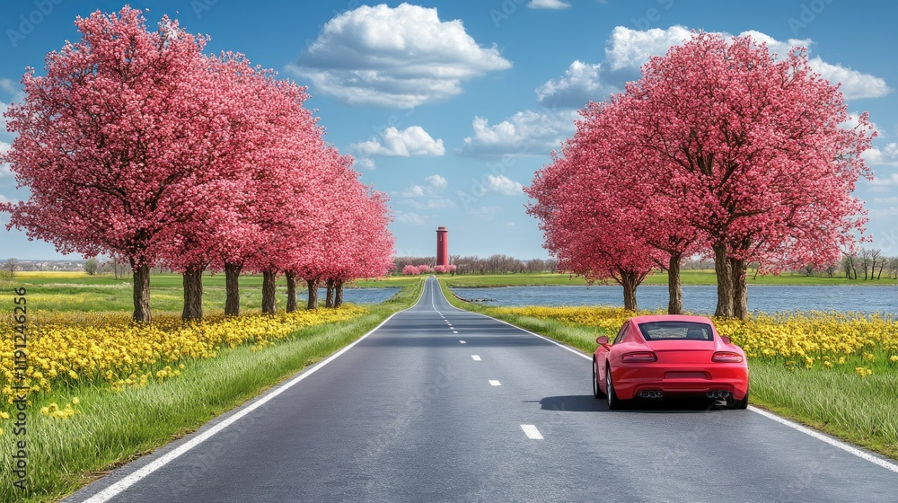 Fototapeta premium A scenic road lined with pink trees and a red car.