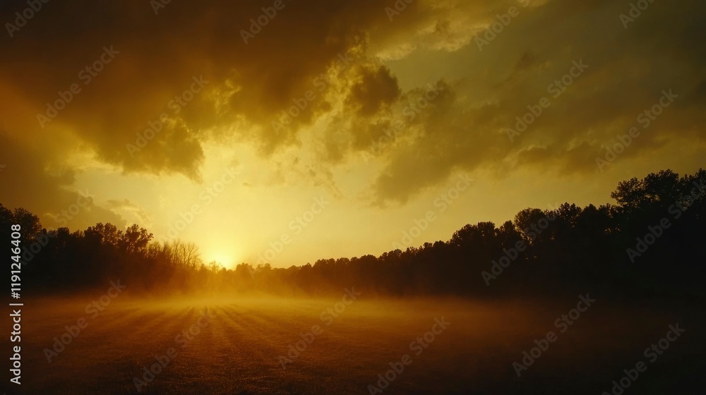 Golden Sunset Over Foggy Field and Trees Golden Sunset Over Foggy Field and Trees