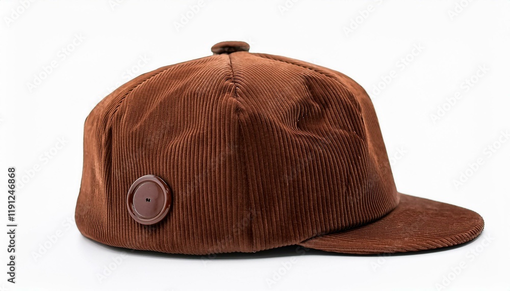 Brown corduroy baseball cap with a unique button detail. A stylish and comfortable accessory. Brown corduroy baseball cap with a unique button detail. A stylish and comfortable accessory.