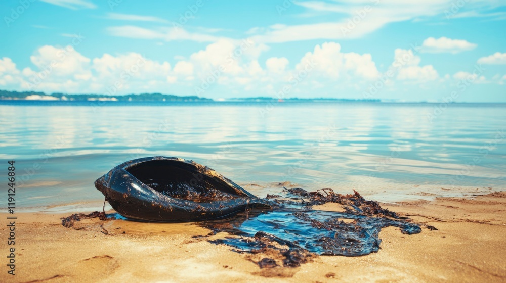 Oil Spill Pollution Contaminating Sandy Beach Oil Spill Pollution Contaminating Sandy Beach
