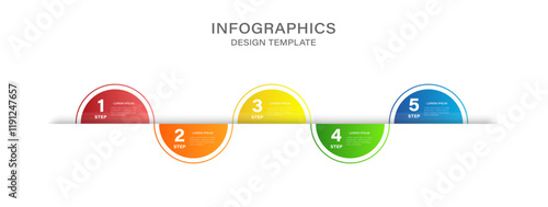 Business model with 5 colorful circular elements placed in horizontal row. Concept of 5 options of startup project to choose.