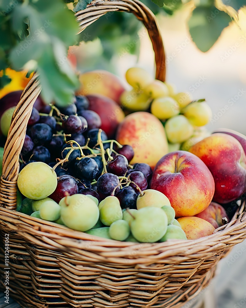 A basket full of fruit including apples, grapes, and plums A basket full of fruit including apples, grapes, and plums