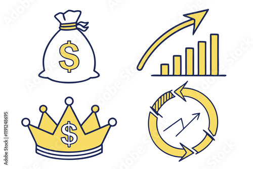 Icon set, financial growth, money bag with dollar sign, golden crown, circular arrows, ascending bar chart, yellow and blue colors, simple flat design, vector graphics, business concept, wealth accumu