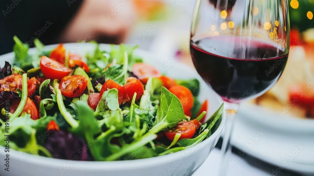 Fresh Salad with Cherry Tomatoes and Greens Served with a Glass of Red Wine on a Table Surrounded by Festive Lights, Perfect for Dining and Entertaining Fresh Salad with Cherry Tomatoes and Greens Served with a Glass of Red Wine on a Table Surrounded by Festive Lights, Perfect for Dining and Entertaining