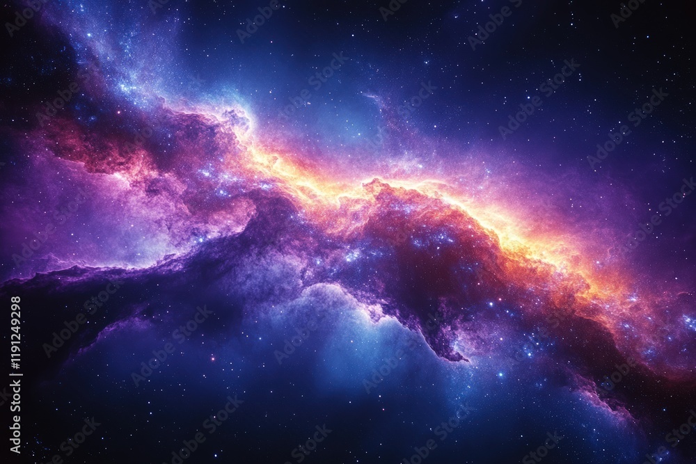Fototapeta premium Cosmic nebula: vibrant purple, orange, blue hues.