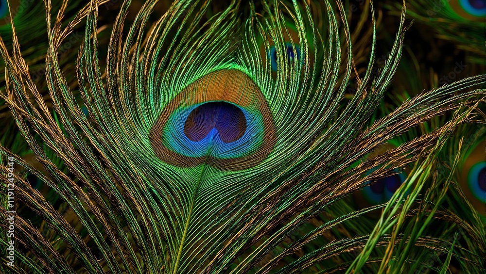 Fototapeta premium Vibrant peacock feather with detailed electric blue emerald green and golden yellow hues shimmering under soft light