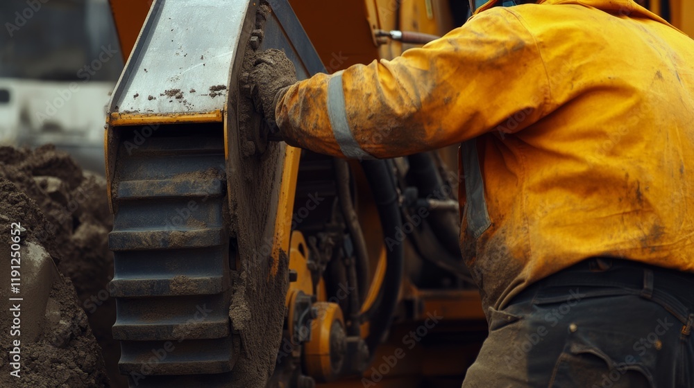 A close-up of a construction worker operating heavy machinery, Earthmoving scene, Heavy equipment operation style A close-up of a construction worker operating heavy machinery, Earthmoving scene, Heavy equipment operation style