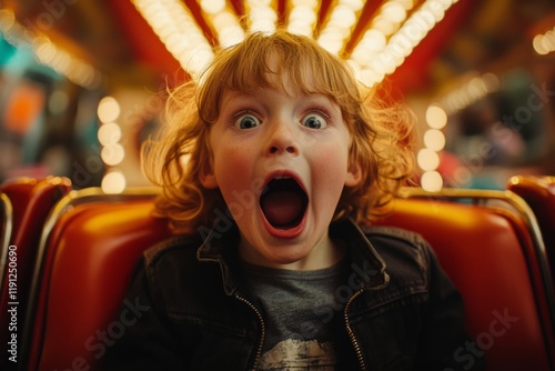 Red haired child screaming while enjoying a ride in an amusement park at night photo