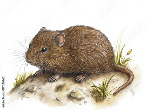 Field Vole (Microtus agrestis) - A detailed hand-drawn depiction featuring its shaggy brown fur, small ears, and stubby tail, isolated on a white background photo