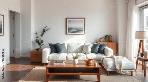 Wallpaper Mural Scandinavian-inspired living room interior design with light oak flooring, white walls, a beige sofa, and minimalist decor, creating a cozy and serene environment.
 Torontodigital.ca