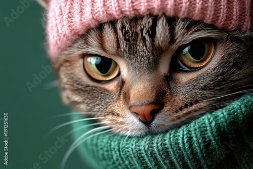 Feline Fashion: Annoyed Cat in Pink & Green Turtleneck Sweater photo