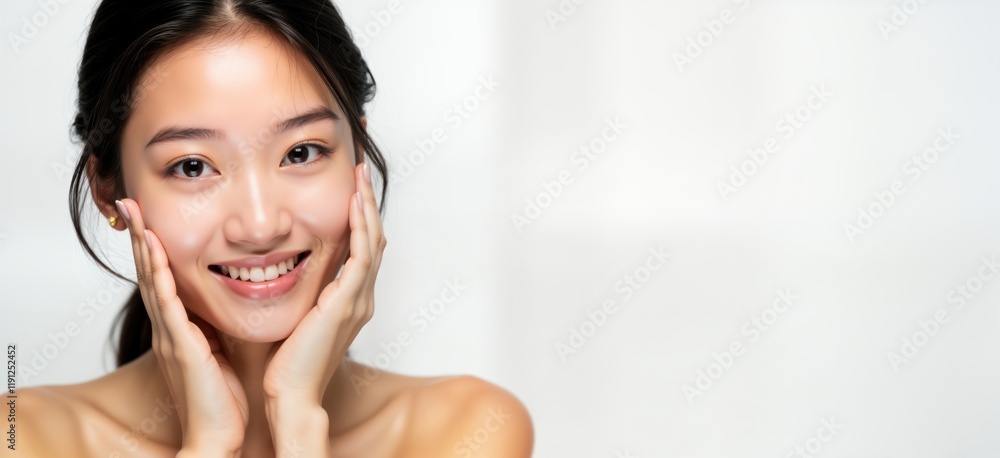 Young Asian woman smiles happily. Clean fresh skin, beautiful smile. Hands gently touch face. Studio photo on white background. Perfect skin care concept. Ideal for beauty products facial treatments. Young Asian woman smiles happily. Clean fresh skin, beautiful smile. Hands gently touch face. Studio photo on white background. Perfect skin care concept. Ideal for beauty products facial treatments.