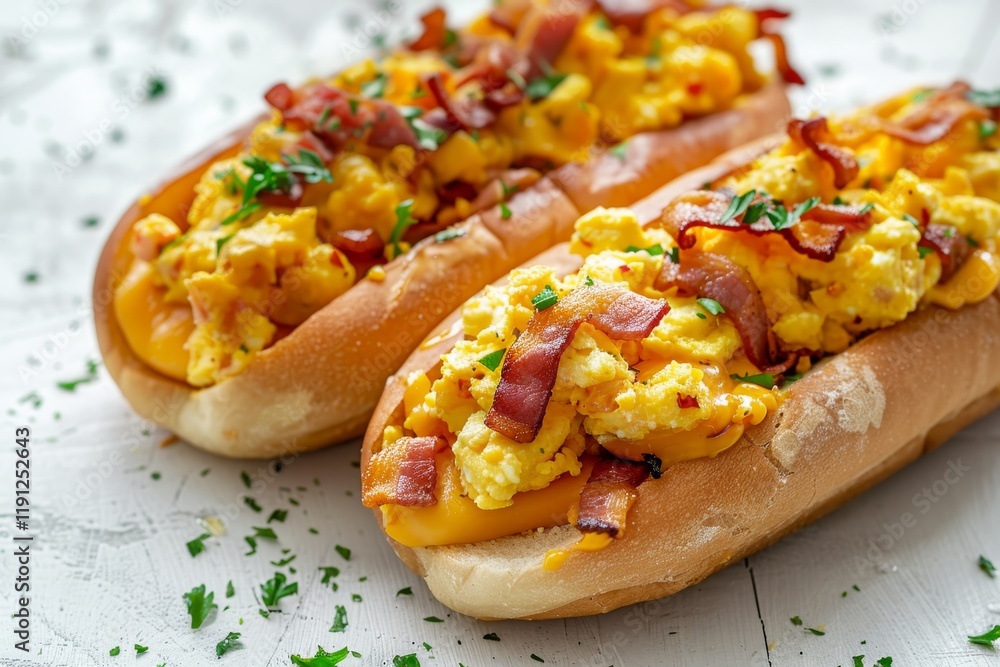 Two breakfast sandwiches with scrambled eggs, cheese and bacon on a white background. Two breakfast sandwiches with scrambled eggs, cheese and bacon on a white background.