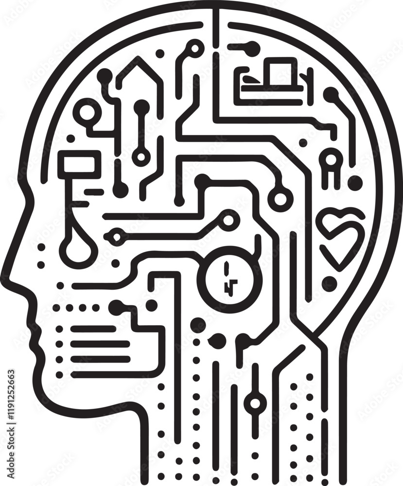  a head with an abstract circuit pattern within, representing AI intelligence and advanced tech