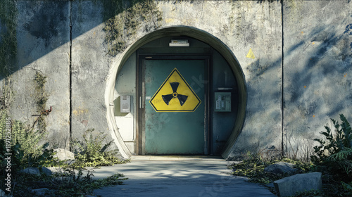 entrance to a modern concrete bomb shelter with a sign 