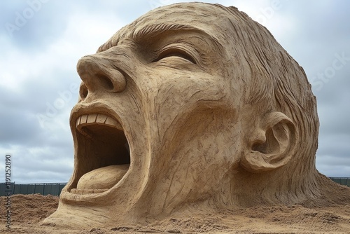 Monumental sand sculpture depicting a screaming human head, evoking intense emotions of anger, suffering, and inner turmoil