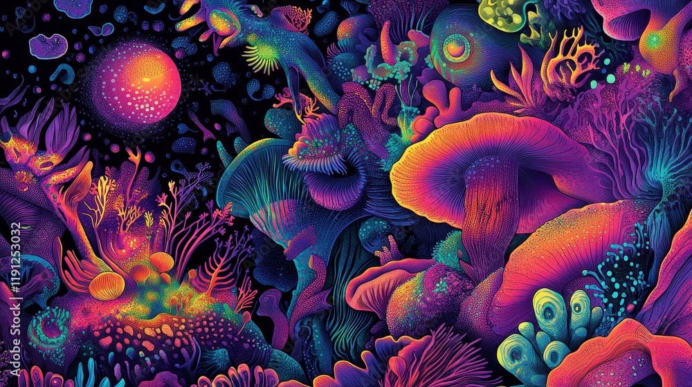 Obraz premium Vibrant Psychedelic Underwater Fungi And Coral Scene