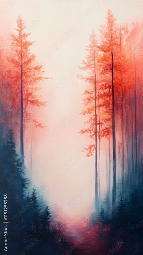 Painting of a misty forest with a path leading through trees illuminated by a warm, inviting light, creating a magical and surreal atmosphere Painting of a misty forest with a path leading through trees illuminated by a warm, inviting light, creating a magical and surreal atmosphere