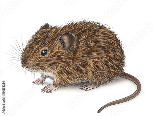 Short-tailed Field Vole (Microtus subterraneus) - A biologically accurate hand-drawn illustration with its compact body, dark fur, and short tail, isolated on white photo