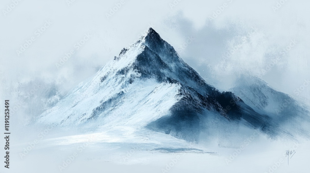 Majestic snowy mountain peak rising above a misty winter landscape, creating a serene and awe-inspiring scene Majestic snowy mountain peak rising above a misty winter landscape, creating a serene and awe-inspiring scene