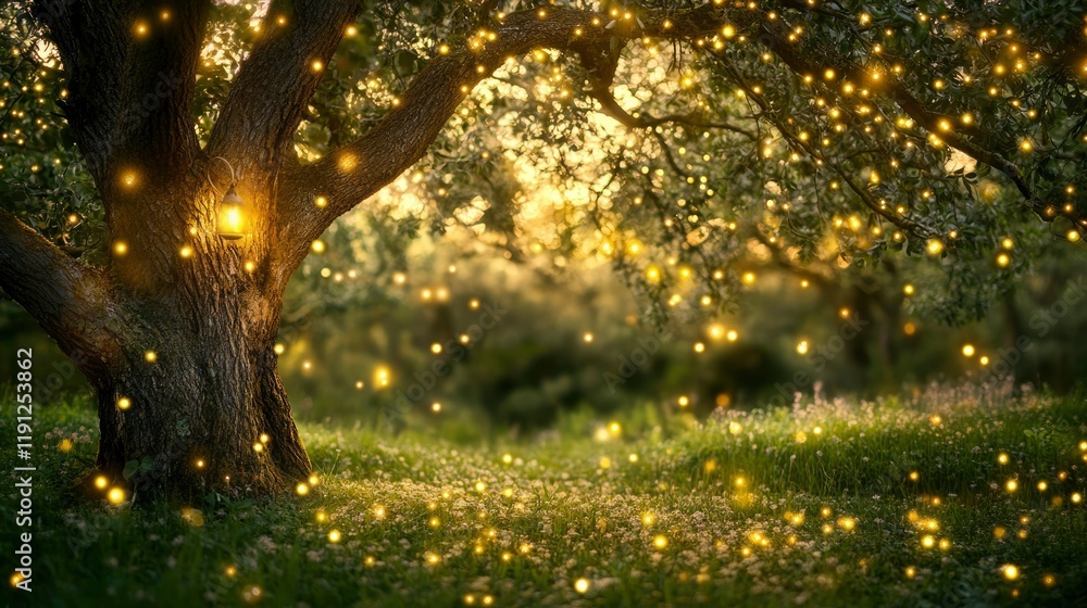 Obraz premium Enchanting Firefly Lit Tree And Grassland Scene