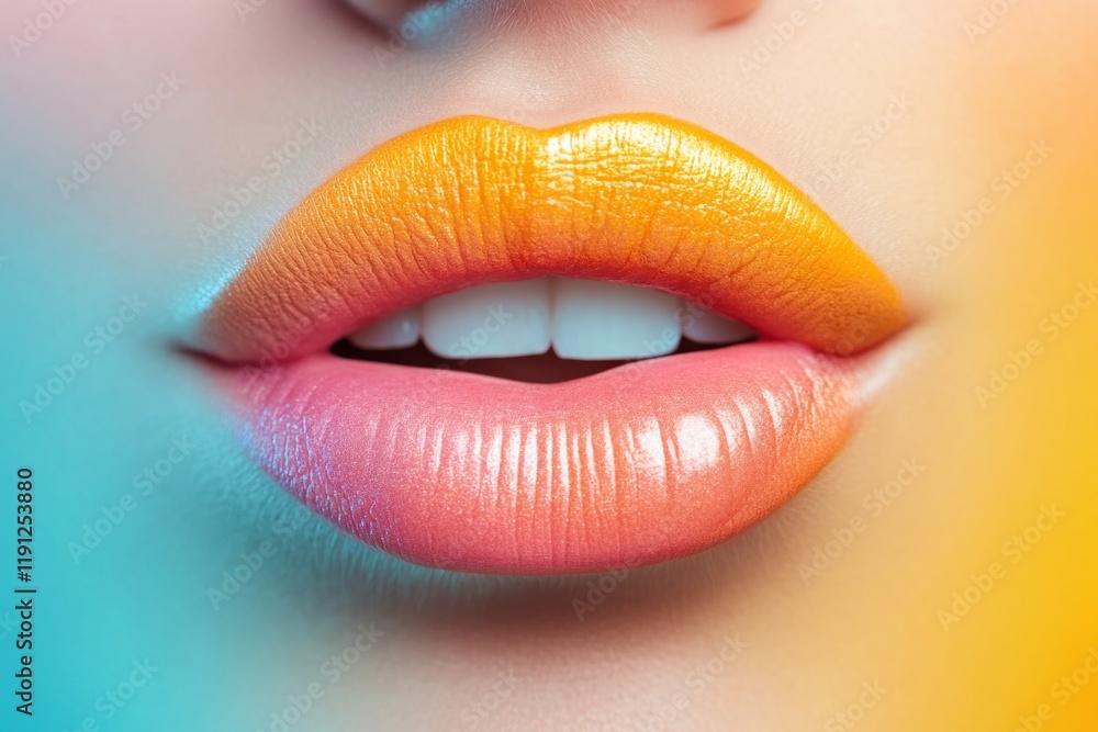 Fototapeta premium Closeup of beautiful female lips showing colorful ombre gradient lips makeup