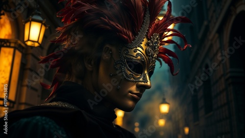 A masked figure in an elaborate gold and crimson Venetian mask, adorned with intricate feathers and jewels, standing under a dimly lit street lamp in a cobblestone alley photo