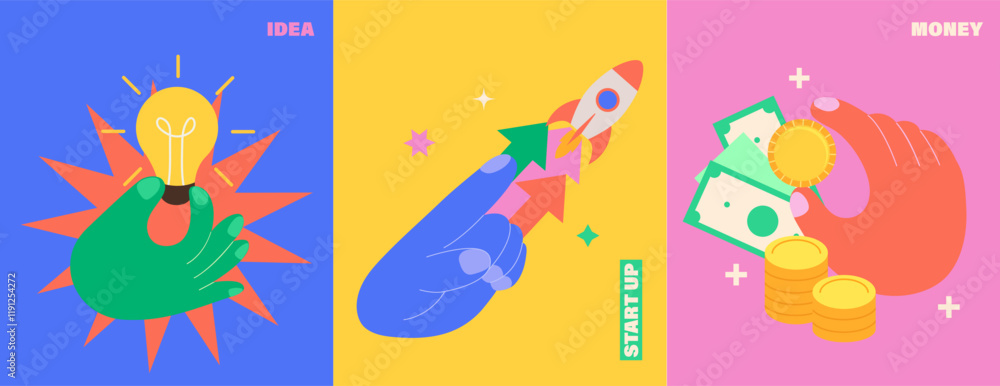 Naklejka premium Set of bright posters idea, startup, money. Infographic new business. Concept for business,creating or investing in start up. Profit from venture investments.Vector for web, banner,flyer,social media.