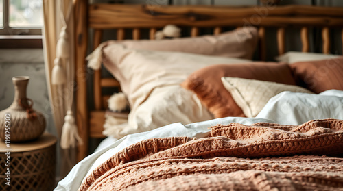 Cozy Knitted Blanket on Rustic Bed: Home Interior Design Inspiration photo