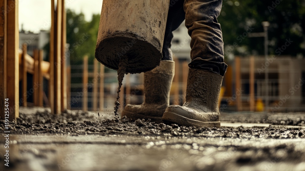 A close-up of a construction worker pouring concrete on a building site, Concrete pouring scene, Building foundation style A close-up of a construction worker pouring concrete on a building site, Concrete pouring scene, Building foundation style