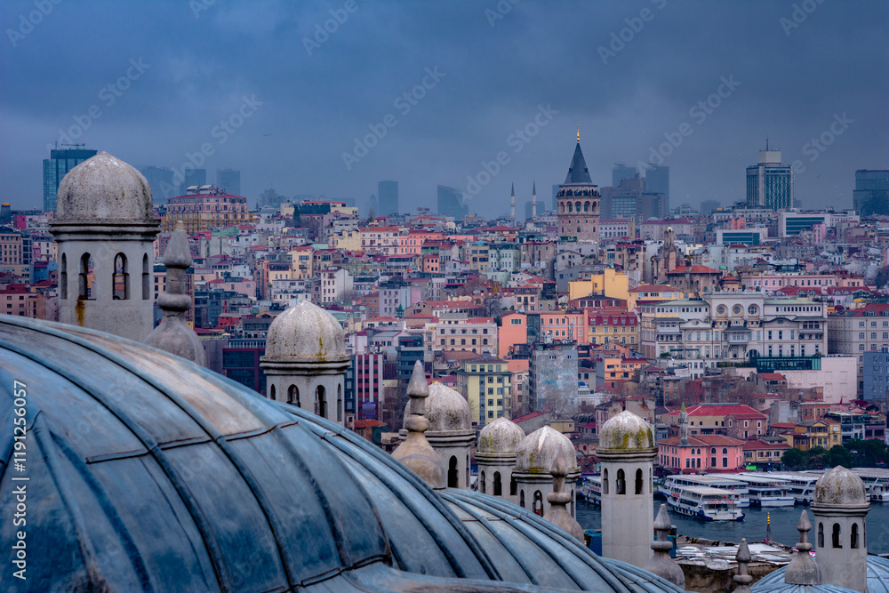 Istanbul, view from Süleymaniye Mosque, with sea of Vosporus, Galata bridge and tower, Turkey.