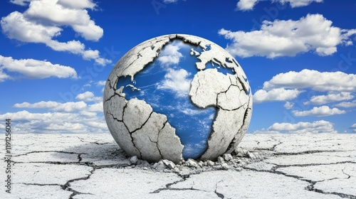 Cracked Earth Globe with Blue Sky and White Clouds Conceptual Image