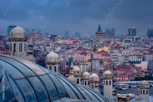 Istanbul, view from Süleymaniye Mosque, with sea of Vosporus, Galata bridge and tower, Turkey.  photo