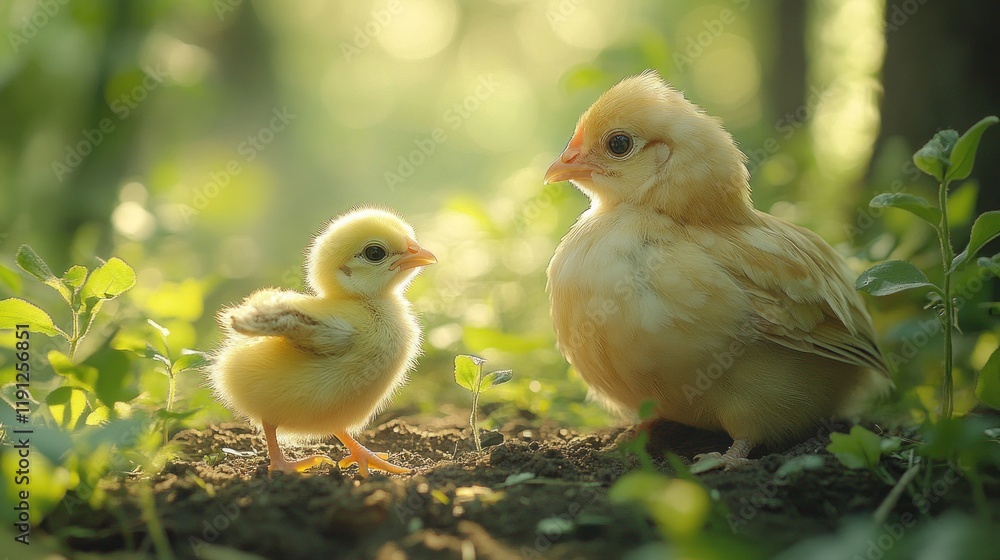 Fluffy yellow chick and hen in sunlight. Fluffy yellow chick and hen in sunlight.