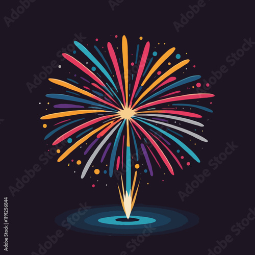 Fireworks icon on a black background, representing celebration and excitement with vibrant colors and dynamic shapes. Vector illustration