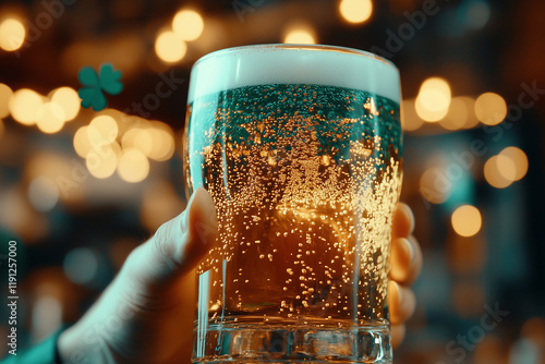 Friends in green clothes celebrate with drinks at a lively gathering during a festive event in the evening photo