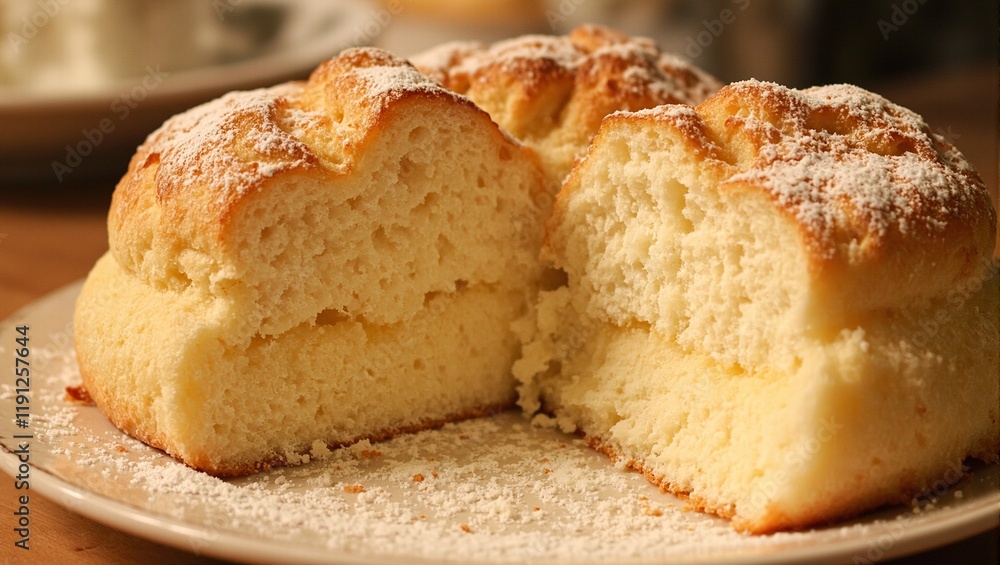 Golden brown souffl with a cracked top dusted with sugar emits a warm glow in a cozy kitchen Golden brown souffl with a cracked top dusted with sugar emits a warm glow in a cozy kitchen