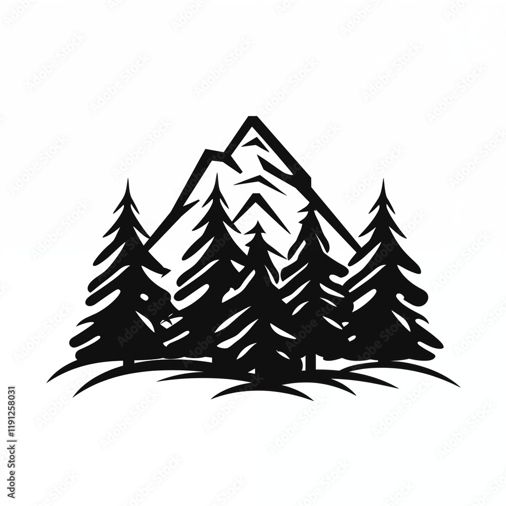Obraz premium Mountain, mountain landscape, icon, mountain peaks, spruce forest, at the foot of the mountains, coniferous, trees, clouds, simple, black and white sketch, painting, image for printing on a T-shirt